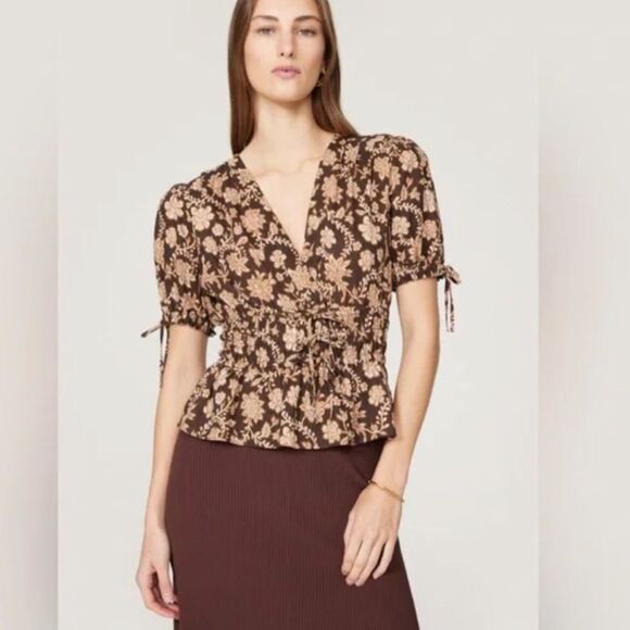 Derek Lam 10 Crosby Rhea Top Brown Floral Linen Short Sleeve Peplum size 6 - Picture 1 of 12